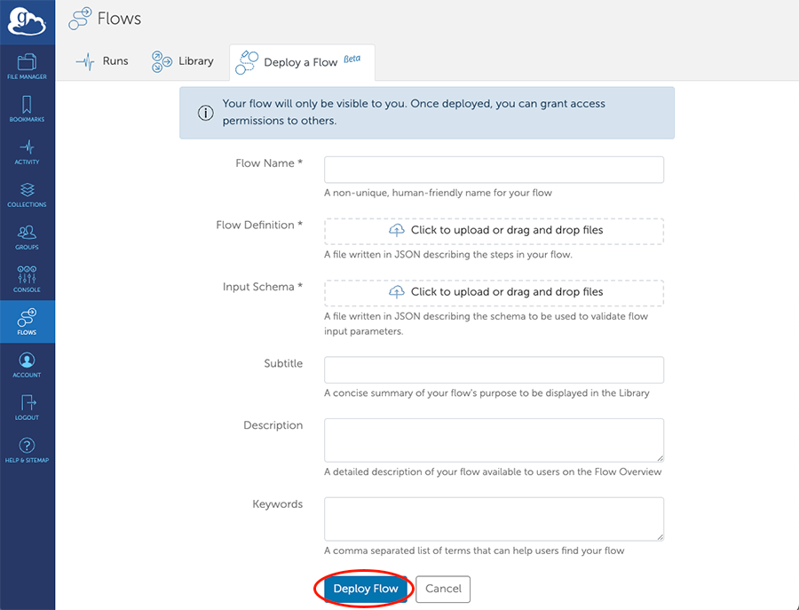screenshot of /flows/deploy